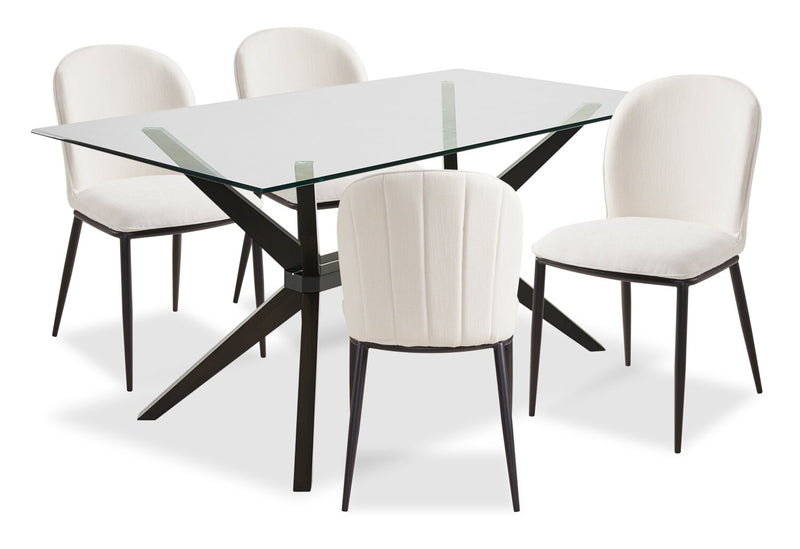 Ace 5pc Dining Set with Table & 4 Chairs, Glass Top, 63\"W - Brown & Ivory