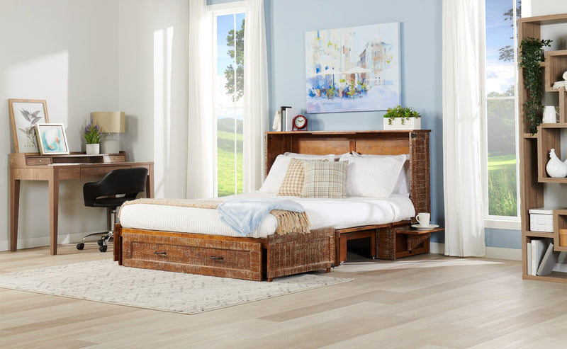 Parker Cabinet Bed with Memory Foam Mattress,  Weathered Brown - Queen Size