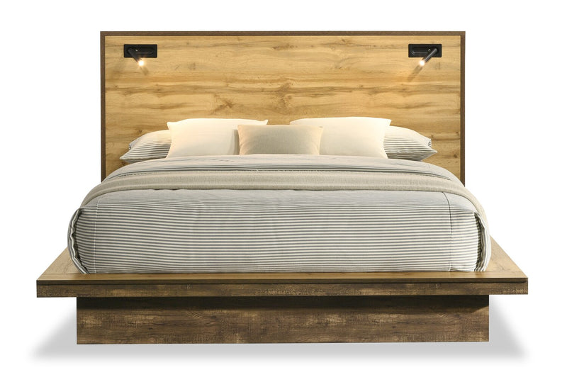 Silas 5pc Bedroom Set with Platform Bed, Dresser & Mirror, LED, Rustic Brown - Queen Size