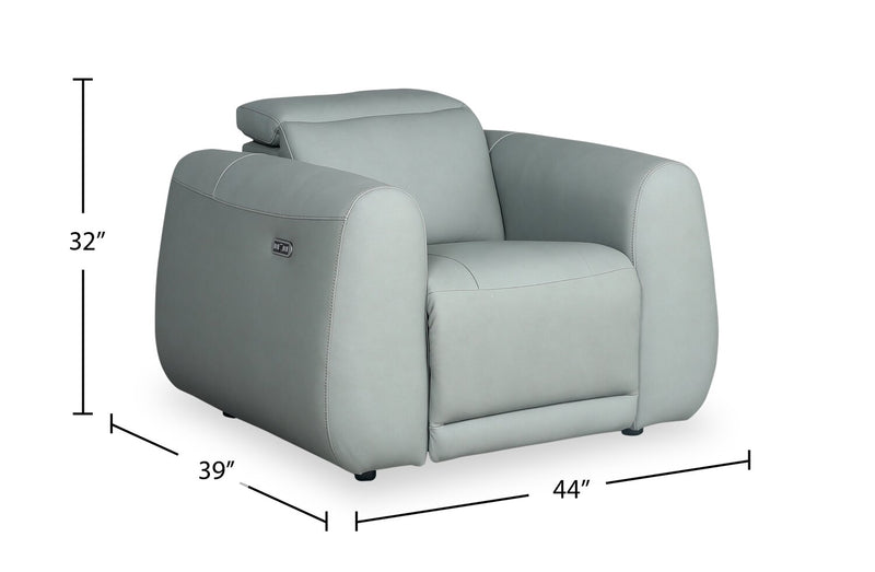 Gianna 40\" Genuine Leather Power Reclining Chair with Power Headrest and USB Port - Spa Blue