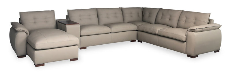 Raya Modular 5-Piece Left-Facing Genuine Leather Sectional with Storage Console and Wood Legs - Stone Beige