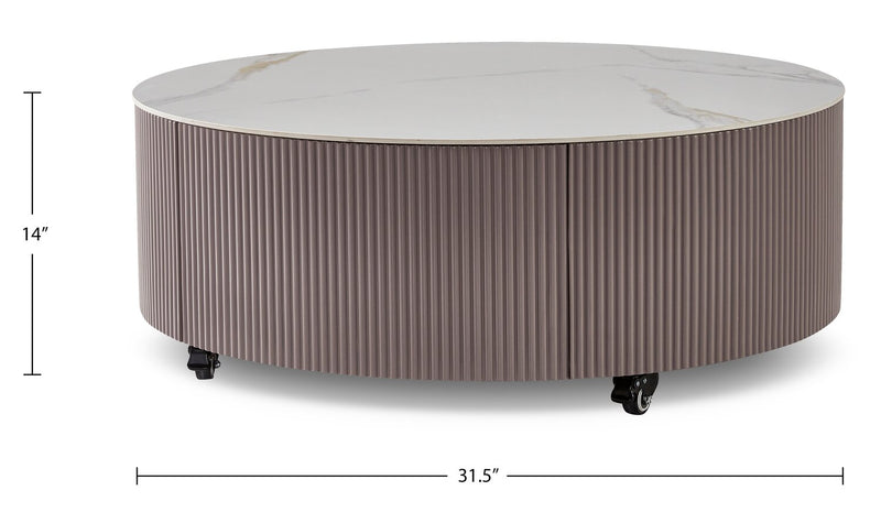 Circa 31.5\" Modern Round Coffee Table with White Sintered Stone Top, Storage and Casters - Grey-Taupe