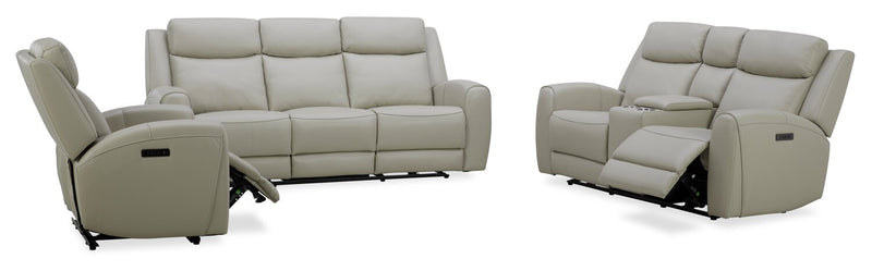 Reign 87\" Top-Grain Genuine Leather Power Reclining Sofa with USB Ports - Deltona Moonshine Taupe