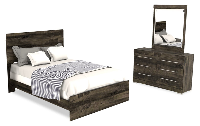 Riley 5pc Bedroom Set with Panel Bed, Dresser & Mirror, Made in Canada, Grey - Full Size