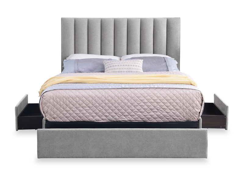 Amos Upholstered Storage Bed in Grey Fabric with Channelled Headboard & 3 Built-in Drawers - Queen Size