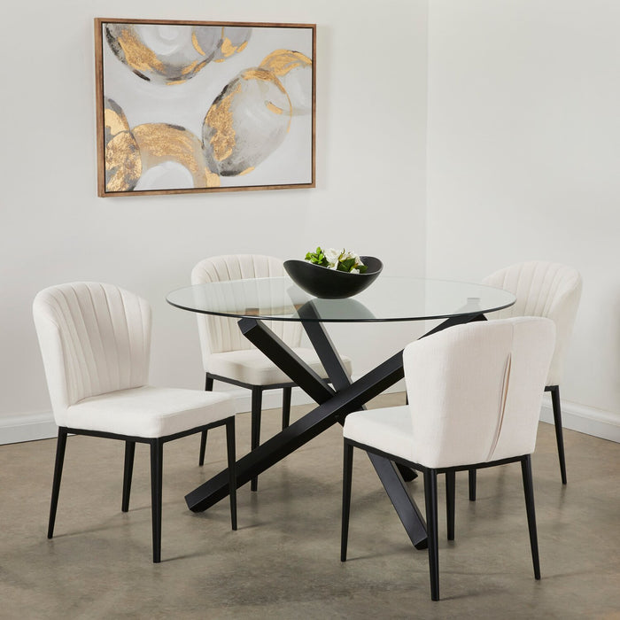 Zoe 5pc Dining Set with Table & 4 Chairs, Glass Top, Metal Geometric Base, 47\"W Round - Black & Ivory