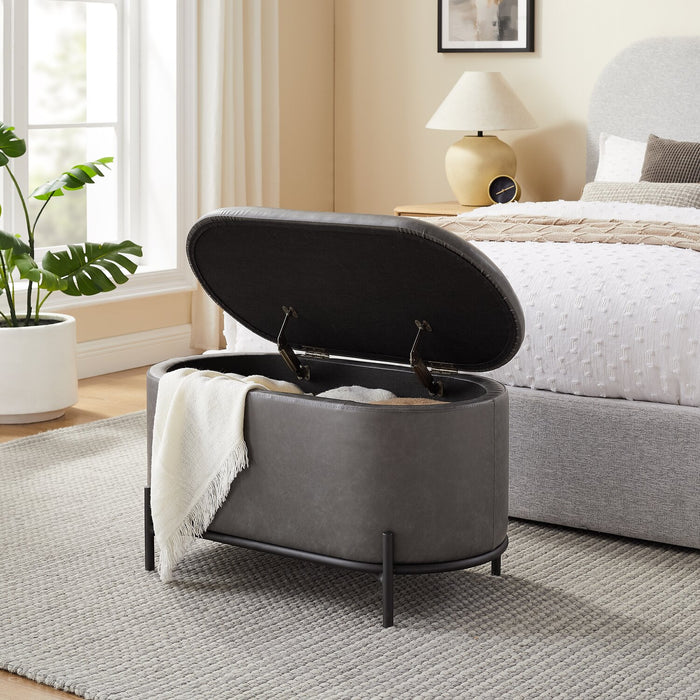 Victoria 18” Faux Leather Storage Ottoman with Metal Base – Charcoal