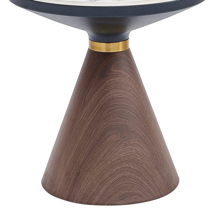 Alwin 19.5” Modern Round End Table with White Sintered Stone Top - Brown