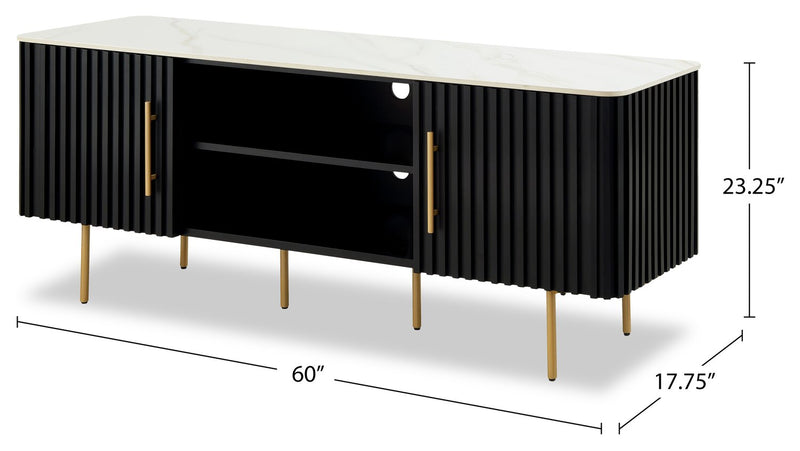 Kort & Co. Capri 60” Modern TV Stand with White Sintered Stone Top, Storage and Cable Management for TVs up to 65” - Black and Gold