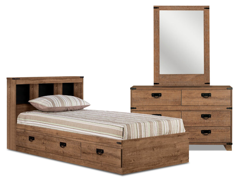 Driftwood Mates Bed 5pc Set with Storage Headboard, Dresser & Mirror, Brown - Twin Size