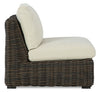 Halifax Outdoor Patio Armless Chair - Resin Wicker, Nuvella Fabric, UV & Weather Resistant - Beige/Brown | Fauteuil sans accoudoirs Halifax pour la terrasse à l’extérieur - osier en résine, tissu Nuvella - brun et beige
