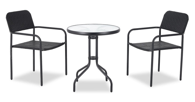 Paris Outdoor Patio Bistro Table - Round, Glass Table Top, Powder Coated Steel Frame - Black