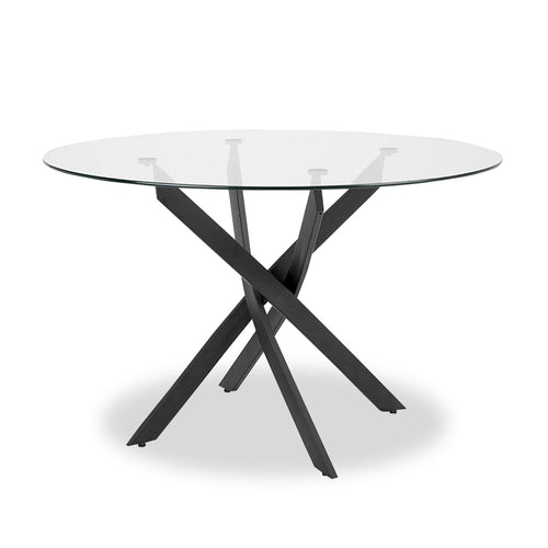 Zoe Dining Table with Glass Top, Metal Geometric Base, 47"W Round - Black 