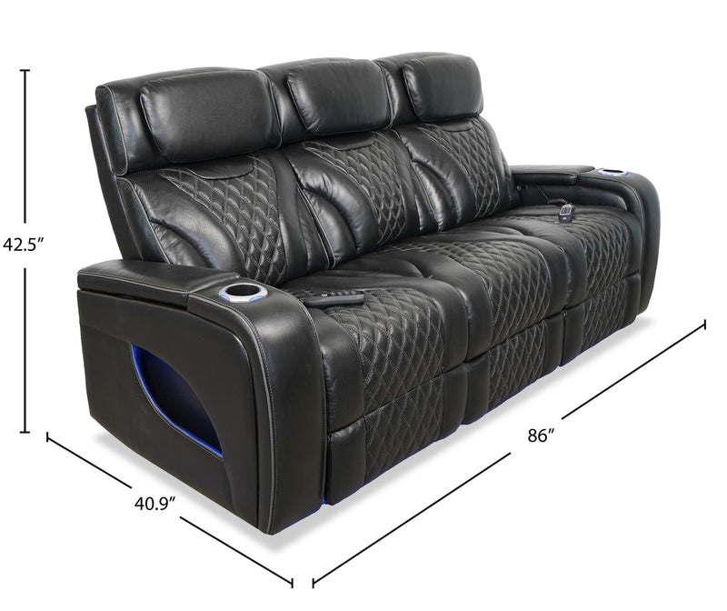 Elite 86\" Genuine Leather Massage Power Reclining Sofa with Immersive Audio and Power Headrests - Black