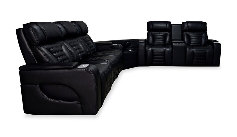 Zen 3-Piece Leather-Look Fabric Power Reclining Sectional with Massage, Drop-Down Console and Refrigerator - Black