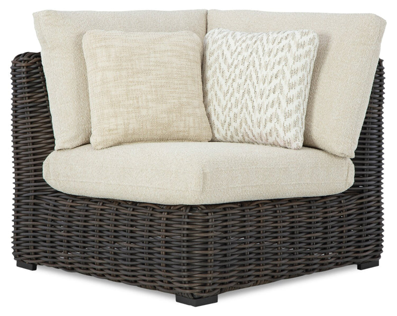 Halifax Outdoor Patio Corner Chair - Resin Wicker, Nuvella Fabric, UV & Weather Resistant - Beige/Brown