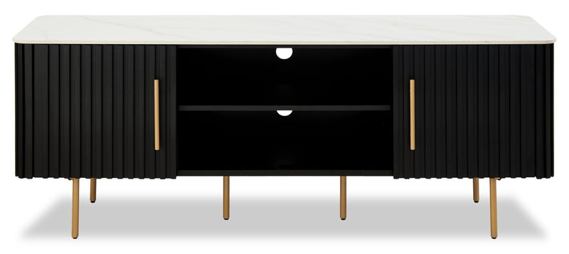 Kort & Co. Capri 60” Modern TV Stand with White Sintered Stone Top, Storage and Cable Management for TVs up to 65” - Black and Gold