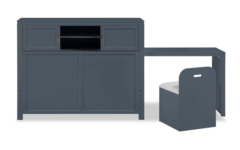 Quinn Platform Bed with Bookcase Headboard, Built-in Desk & Stool, Blue - Full Size