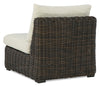 Halifax Outdoor Patio Armless Chair - Resin Wicker, Nuvella Fabric, UV & Weather Resistant - Beige/Brown | Fauteuil sans accoudoirs Halifax pour la terrasse à l’extérieur - osier en résine, tissu Nuvella - brun et beige