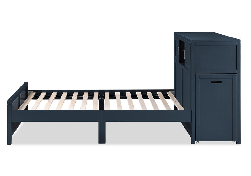 Quinn Platform Bed with Bookcase Headboard, Built-in Desk & Stool, Blue - Full Size