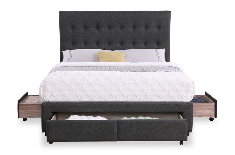 Beck Upholstered Storage Bed in Dark Grey Fabric, Button Tufted - Full Size