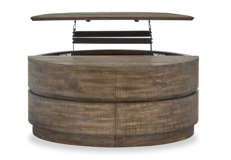 Elm 40” Round Rustic Pine Lift Top Coffee Table with Casters - Brown
