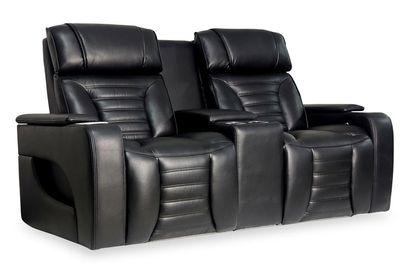 Zen 75.5\" Leather-Look Fabric Power Reclining Massage Loveseat with Refrigerator Console - Black