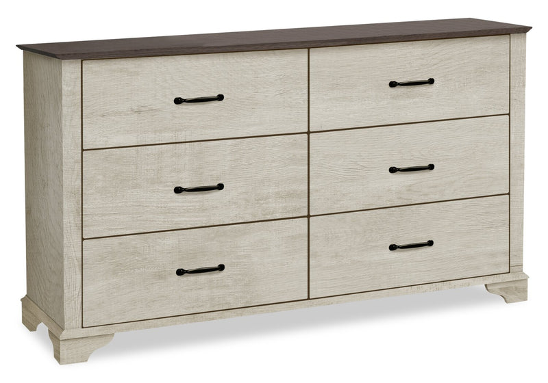 Clara 6pc Bedroom Set with Bed, Dresser, Mirror & Nightstand, Bleached Oak & Brown - Queen Size