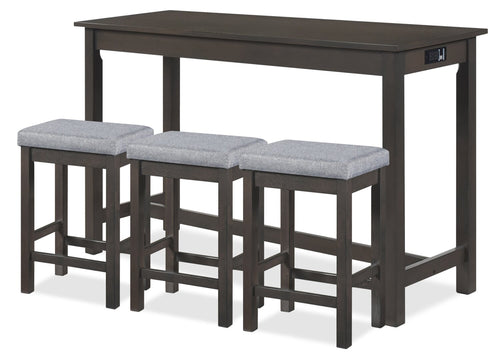 Noah 60” Modern Dining Table with 3 Counter-Height Stools and USB Ports - Grey 