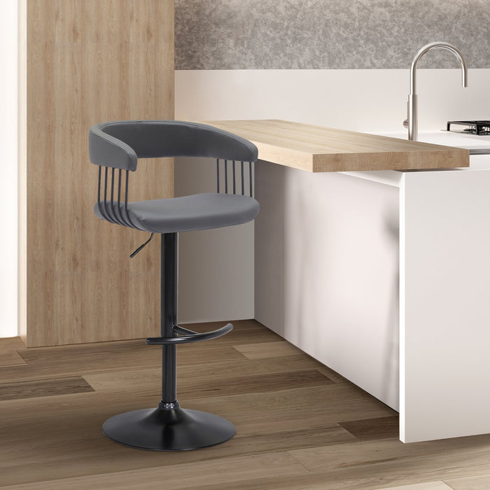 Java Barstool with Swivel & Adjustable Seat, Vegan Leather Fabric, 24.5-33\"H, Metal - Grey