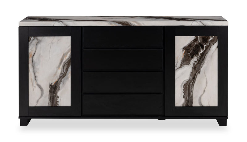 Vega Dining Server with Storage & 4 Drawers, Marble Look, 66\"W - Black & White