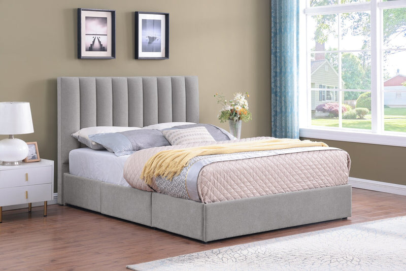Amos Upholstered Storage Bed in Grey Fabric with Channelled Headboard & 3 Built-in Drawers - Queen Size