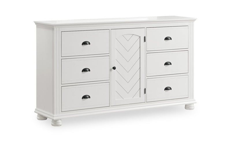 Ella 5pc Bedroom Set with Panel Bed, Dresser & Mirror, White  - Queen Size