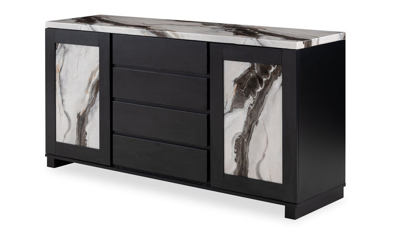 Vega Dining Server with Storage & 4 Drawers, Marble Look, 66\"W - Black & White