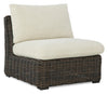 Halifax Outdoor Patio Armless Chair - Resin Wicker, Nuvella Fabric, UV & Weather Resistant - Beige/Brown | Fauteuil sans accoudoirs Halifax pour la terrasse à l’extérieur - osier en résine, tissu Nuvella - brun et beige