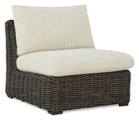 Halifax Outdoor Patio Armless Chair - Resin Wicker, Nuvella Fabric, UV & Weather Resistant - Beige/Brown 