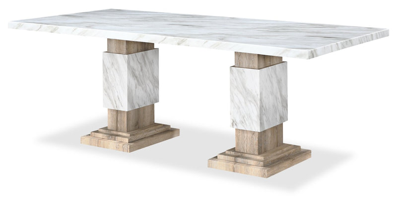 Vega Dining Table, Marble Look, Pedestal Base, 82\"W - Natural & White