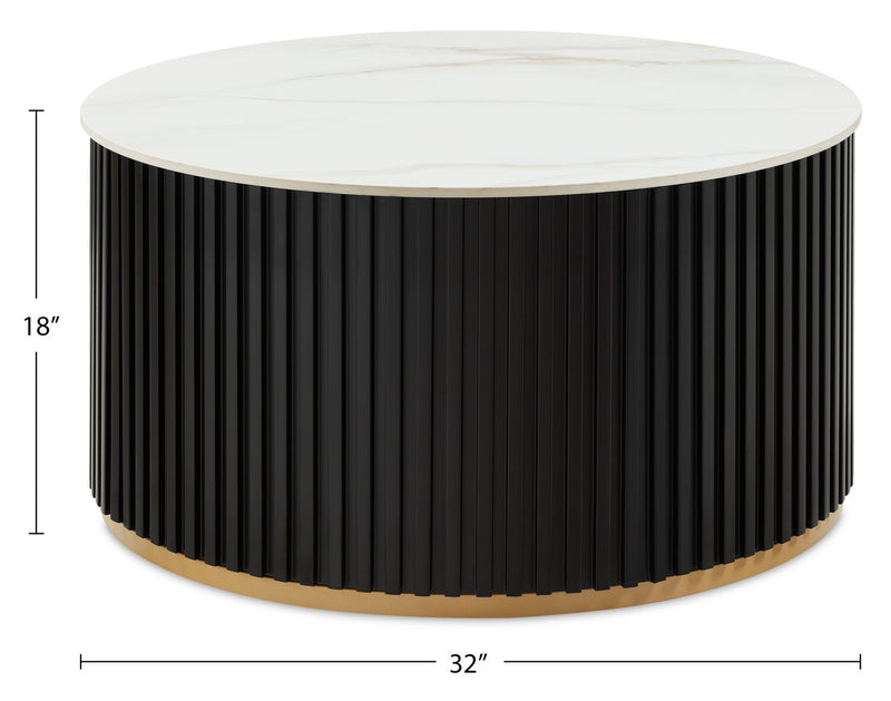 Kort & Co. Capri 32” Modern Round Coffee Table with White Sintered Stone Top and Casters - Black and Gold
