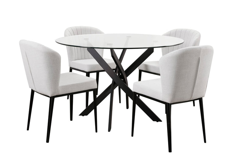 Zoe 5pc Dining Set with Table & 4 Chairs, Glass Top, Metal Geometric Base, 47\"W Round - Black & Grey