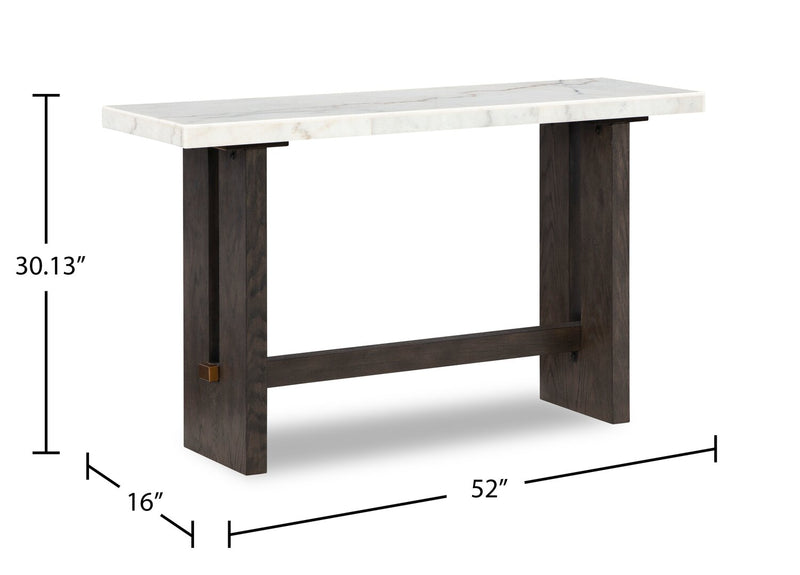 Warwick 52” Solid Wood and Marble Sofa Table – White and Brown Oak