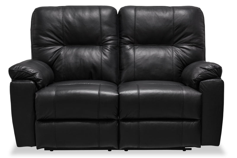 Made in Canada Dawson 64\" Genuine Leather Power Reclining Loveseat with USB Port and Accent Pillows – Black