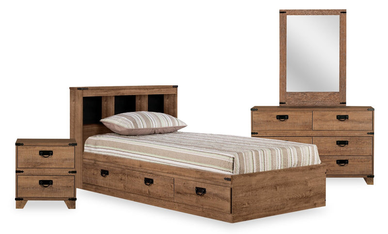 Driftwood Mates Bed 6pc Set with Storage Headboard, Dresser, Mirror & Nightstand, Brown - Full Size