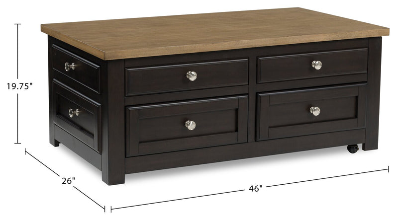 Wells 46\" Solid Wood Lift Top Coffee Table with Storage and Casters - Two Tone Brown