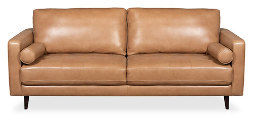 Edge 86" Genuine Leather Sofa with Wood Legs and Removable Back Cushions - Brown 