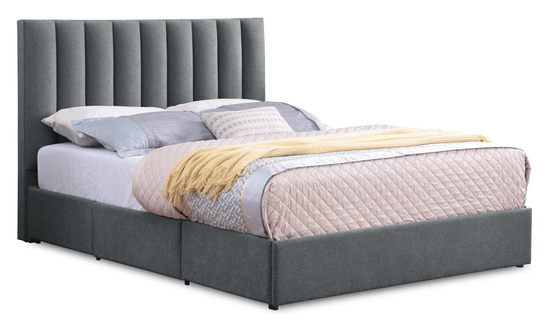 Amos Upholstered Storage Bed Base in Charcoal Fabric with 3 Built-in Drawers  - Queen Size
