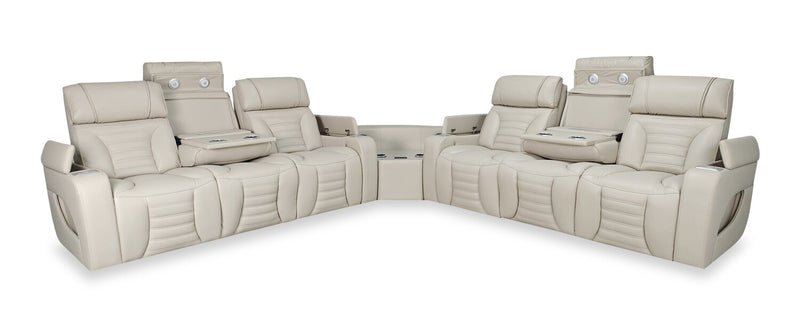 Zen 3-Piece Leather-Look Fabric Power Reclining Sectional with Massage and Two Drop-Down Consoles - Apricot
