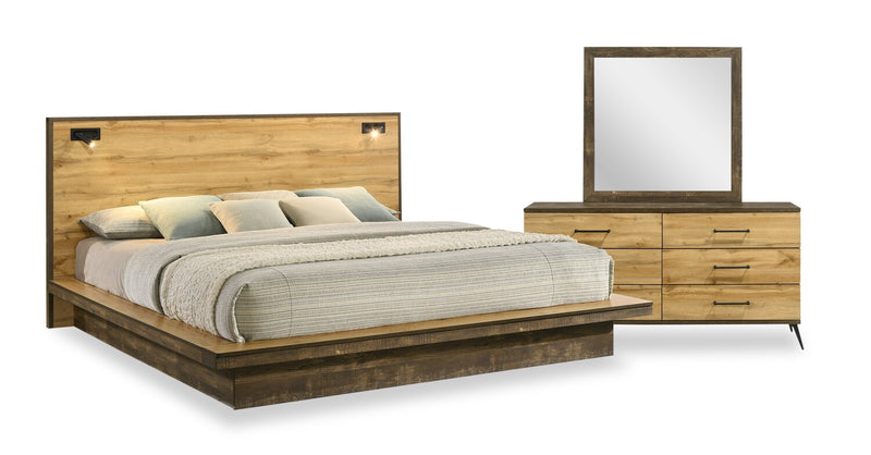Silas 5pc Bedroom Set with Platform Bed, Dresser & Mirror, LED, Rustic Brown - King Size