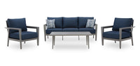Barrie 4-Piece Outdoor Patio Set with Sofa, 2 Chairs and Table - Aluminum, UV & Weather Resistant - Blue & Grey