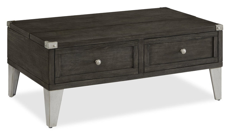 London 42\" Industrial Coffee Table – Grey Wood Finish and Silvery Metal Legs
