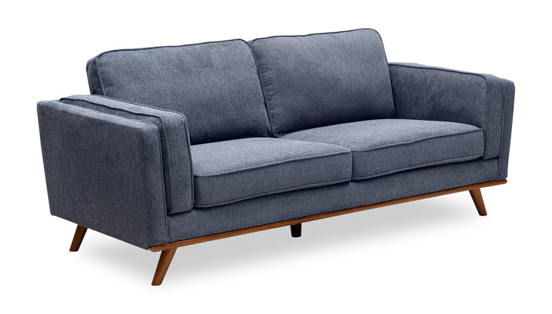 Kort & Co. Kassia 80\" Linen-Look Fabric Condo Size Sofa with Wood Base and Legs - Blue